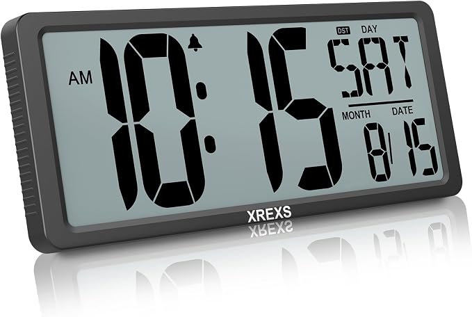 XREXS Large Digital Wall Clock, Battery Operated Alarm Clocks for Bedroom Home Decor, Count Up & Down Timer, 14.17 Inch Large LCD Screen with Time/Calendar/Temperature Display (Batteries Included)