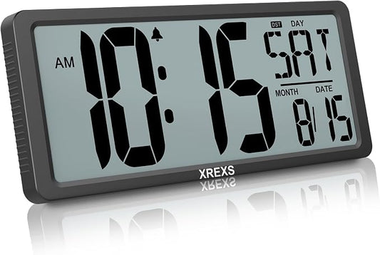 XREXS Large Digital Wall Clock, Battery Operated Alarm Clocks for Bedroom Home Decor, Count Up & Down Timer, 14.17 Inch Large LCD Screen with Time/Calendar/Temperature Display (Batteries Included)