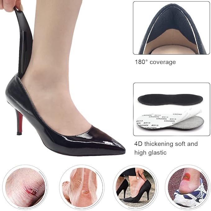 Dr. Foot Heel Grips for Men and Women, Self-Adhesive Heel Cushion Inserts Prevent Heel Slipping, Rubbing, Blisters, Foot Pain, and Improve Shoe Fit - 2 Pairs+ Extra 1 Shoe Horn (Black)