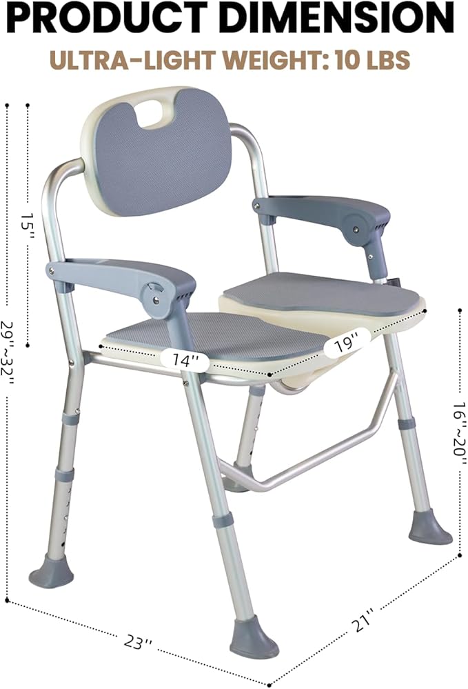 Folding Shower Chair, U Shape Shower Chair with 5-Level Adjustable, Non-Slip Feet for Private Washing, Elderly, Disabled, Seniors & Pregnant, Heavy Duty Shower Chair