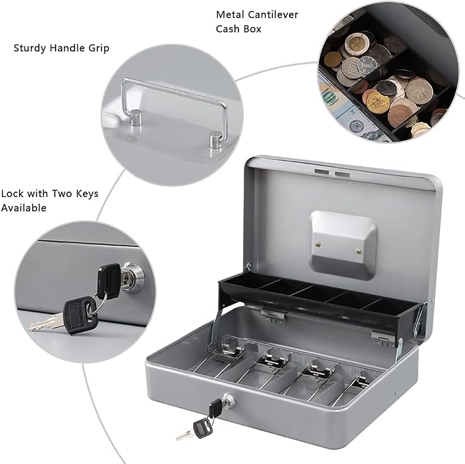 KYODOLED Locking Cash Box with Lock,Money Box with Cash Tray,Lock Safe Box with Key Money Saver,Money Saving Organizer,11.81Lx 9.45Wx 3.54H Inches,Lightgrey XL Large