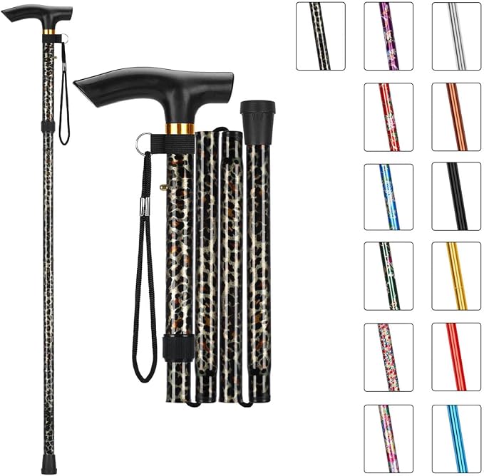MFE Folding Cane, Portable 5-Level Adjustable Height Walking Stick with Foldable Design, Wrist Strap, and T Handle for Men and Women