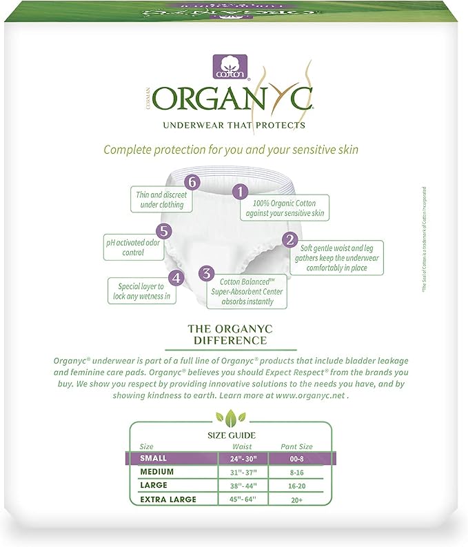 Organyc Bladder Control Underwear for Women - Organic Cotton Protective Underwear for Incontinence, Leak Protection, Odor Protection and Sensitive Skin, Small, 56 Count