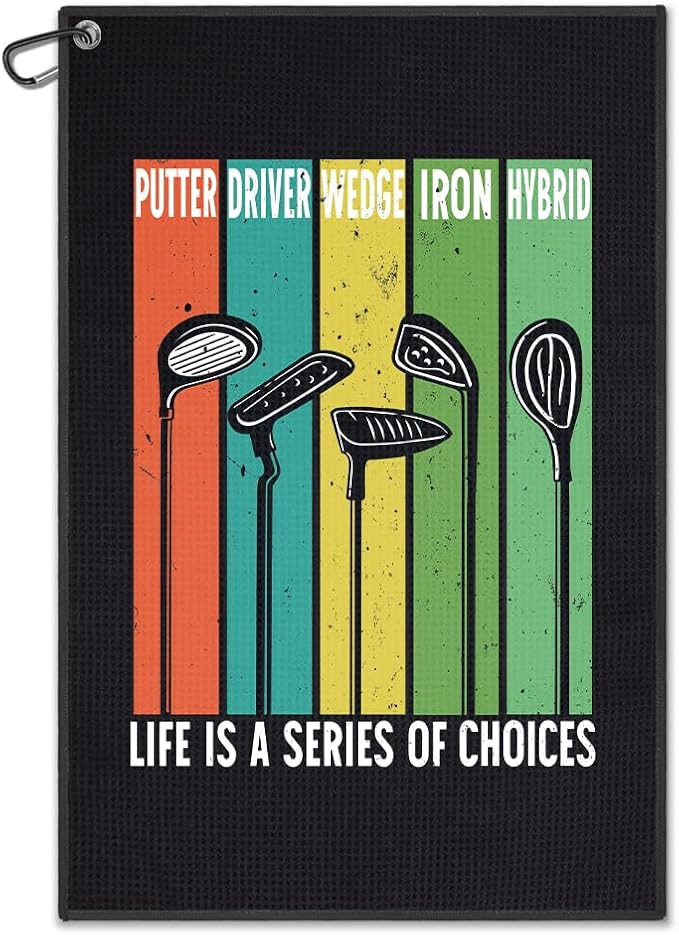 DYJYBMY Life is A Series of Choices Printed Golf Towel with Clip, Funny Golf Accessories for Men, Father's Day Appreciation Gifts for Husband Dad Father in Law Grandpa, Retirement Gofing Gifts