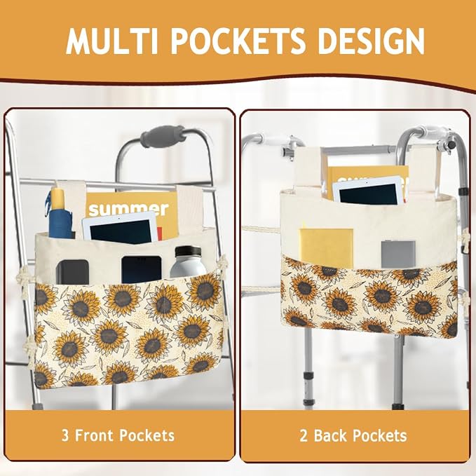 Walker Bag, Washable Walker Accessories Storage Bags with Cup Holder, Handy Walker Basket Pouch Tote Bag for Folding Walker, Wheelchairs, Strollers (Yellow Sunflower)