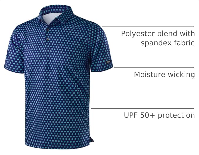 Obla Mens Golf Polo Shirts Short Sleeve Dry Fit Performance Moisture Wicking Casual Print Collared Golf Shirts for Men