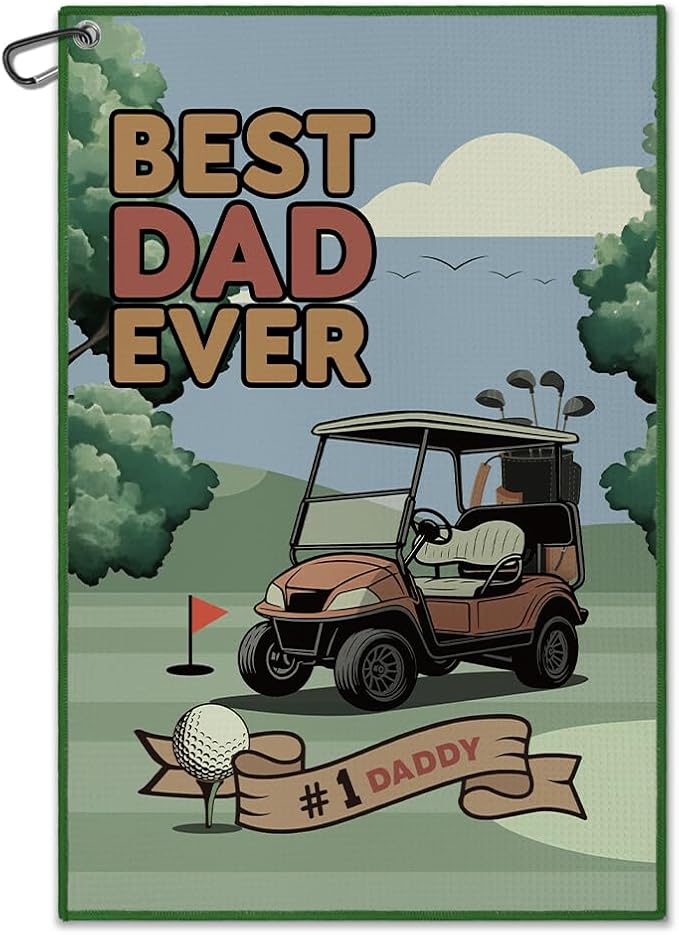 DYJYBMY Best Dad Ever Golf Towel with Clip, Funny Father's Day Printed Golf Towel, Retro Golfing Accessory for Men, Father's Day Golfing Gifts, Birthday Retirement Gifts for Grandpa Uncle Husband Dad