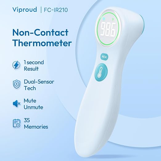 Viproud No-Touch Thermometer for Kids and Adults, 1-Second Reading, Blue | Forehead & Object Mode, Fever Indicator, Large Clear LED, Silent Mode, Home Medical, Nurse Accessories, Lifetime Support