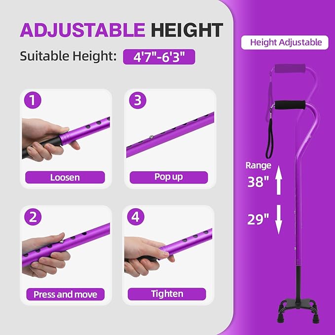 BeneCane Quad Cane Adjustable Walking Cane with Offset Soft Cushioned Handle for Men & Women Lightweight Comfortable with 4-Pronged feet for Extra Stability
