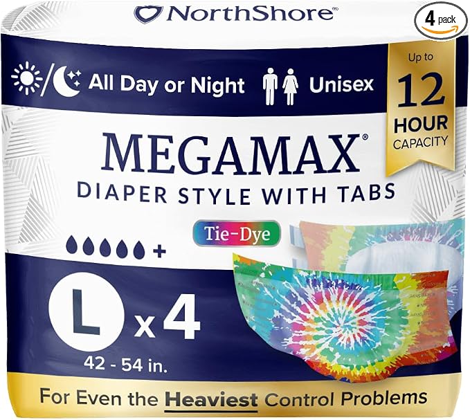 NorthShore MegaMax 12-Hour HBL Adult Diapers for Heavy Bladder Leaks, Large, 4 Count, Tie-Dye, 42-54 inches, Tab-Style Incontinence Underwear for Men, Women & Teens