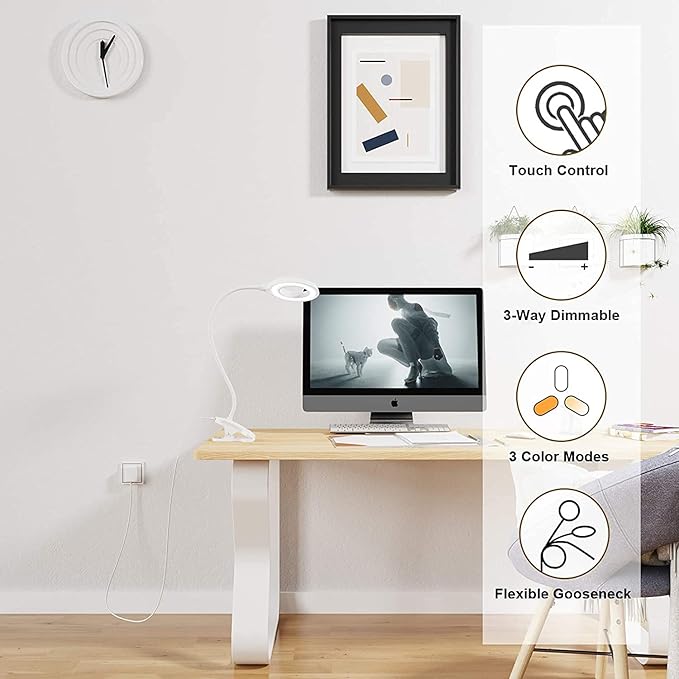Desk Lamp, JKSWT Clip on Light Reading Light Ring Light LED with 3 Color Modes, 9 Brightness Dimmer, 60 pcs LEDs, Touch-Sensitive Control Pane, 360 ° Flexible Gooseneck Bed Light