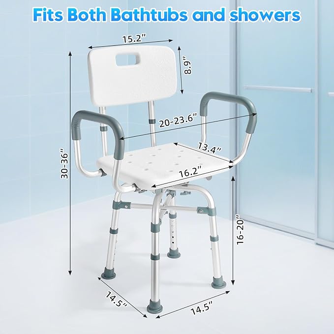 Swivel Shower Chair for Inside Shower with Arms and Back 500 lbs Heavy Duty Rotating Shower Seat for Bathtub Fully Adjustable Safety Bath Chair for Elderly Adults Disabled and Bariatric