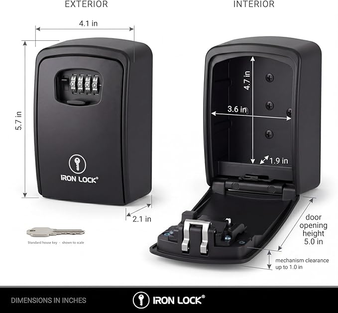 Iron Lock® XXL Wall Mount Key Lock Box, Outdoor Combination Code (Black) | Fits 20-30 spares plus fobs & cards; unique built-in tray so keys don't fall out; dial cover; screws & anchors included
