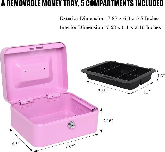 Jssmst Cash Box with Key Lock - Durable Metal Cash Box with Money Tray, Light Purple, Medium