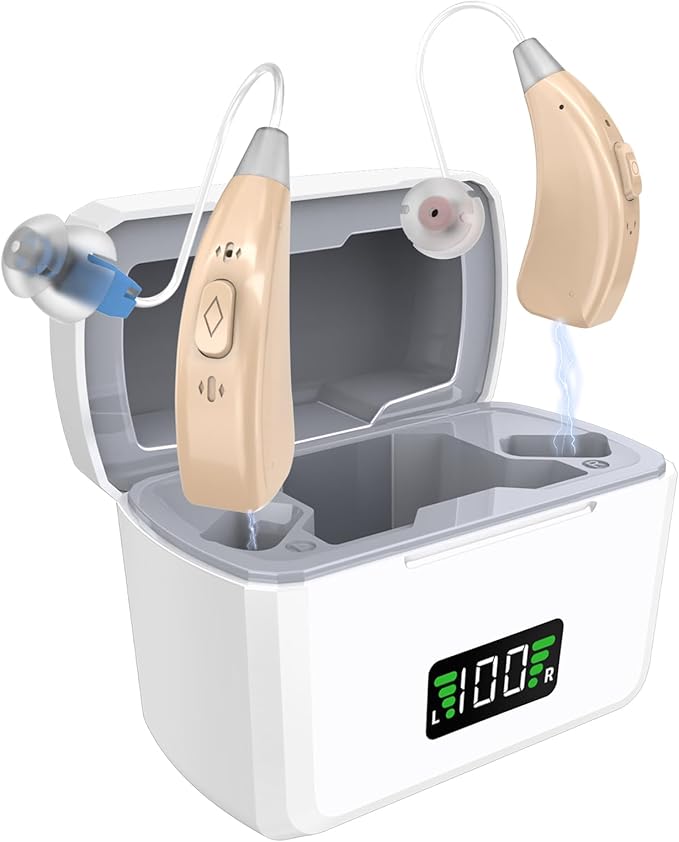 Rechargeable Hearing Aids, 16-Channel Digital OTC Hearing Aid for Seniors with Noise Cancelling and Volume Control, Amplifier for Adults Mild to Moderate Hear Loss, Portable Behind-the-Ear Aid