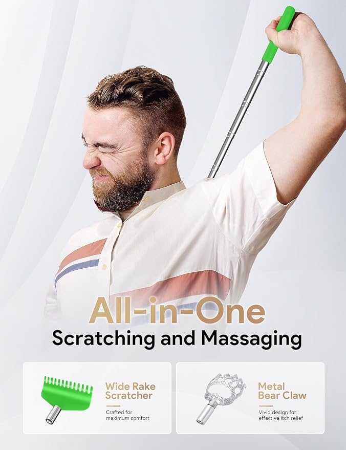 Telescoping Back Scratcher with 5 Detachable Heads, Gift for Men Green | 10-30" Reach, Stainless Steel Pole, Rubber Grip, Christmas Stocking Stuffers, White Elephant, Anniversary and Birthday Gift