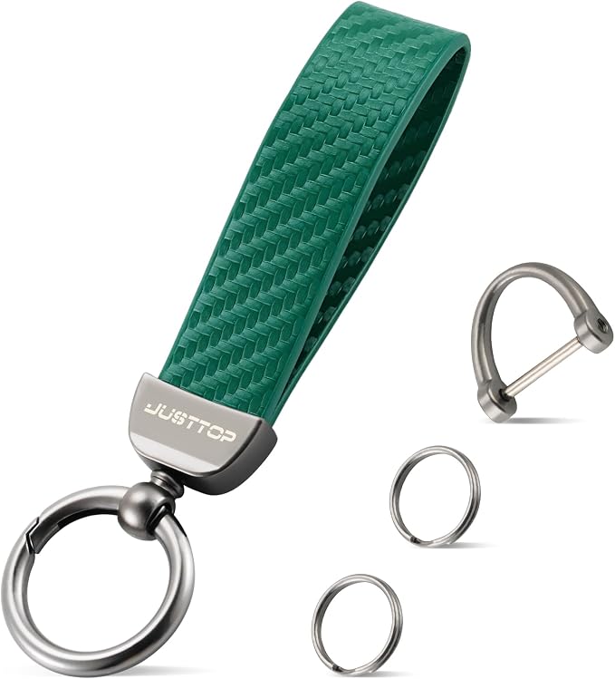 JUSTTOP Leather Keychain, Carbon Fiber Car Key Chain with Anti-Lost D-Ring and 2 Key Ring, Keychain Wristlet, Car Accessories, Universal Keychain for Men and Women (Green)