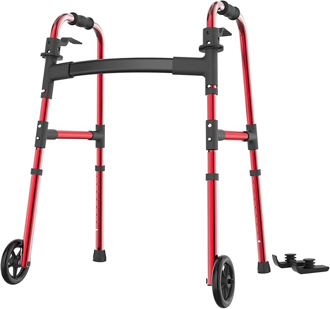 Loyoda Folding Walker for Seniors, Aluminum Front Wheel Walker, Ski Glides | 5" Front Wheels, Height Adjustable, Trigger Release Folding, Lightweight Standard Walker for Limited Mobility, Red
