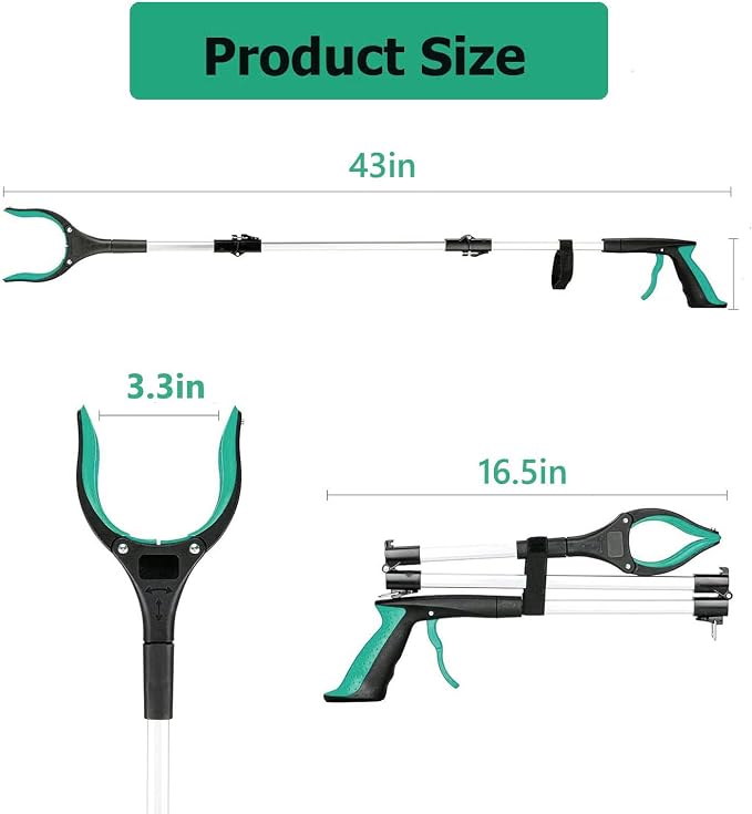 43" Extra Long Reacher Grabber Tool, Foldable, with 360° Rotating Jaw and Magnet, Trash Claw Pickup Tool for Seniors, Green