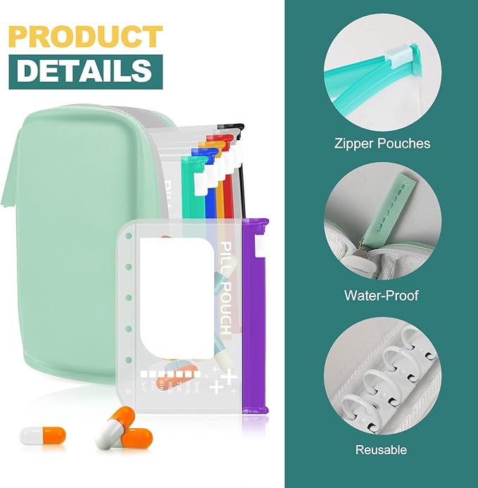 A7 Waterproof Pill Organizer with 7 PCS L Size Zippered Pill Pouches for A7 Binder, Large BPA-Free Weekly Medicine Organizer, Color-Coded Reusable Travel Pill Storage System