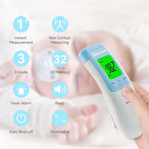 Berrcom Infrared Forehead Thermometer for Adults and Kids | Non-contact digital thermometer with fever alert, LCD, touchless for home, fast & accurate