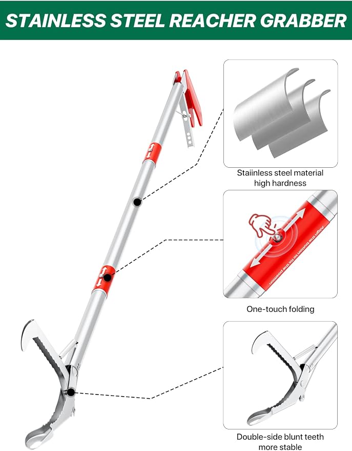 Grabber Reacher Tool, 50" Foldable Snake Grabber | Extra Long Grabber for Elderly Reaching Tool Heavy Duty Pickup Trash Picker Upper Equipment Fire Tongs Snake Tong