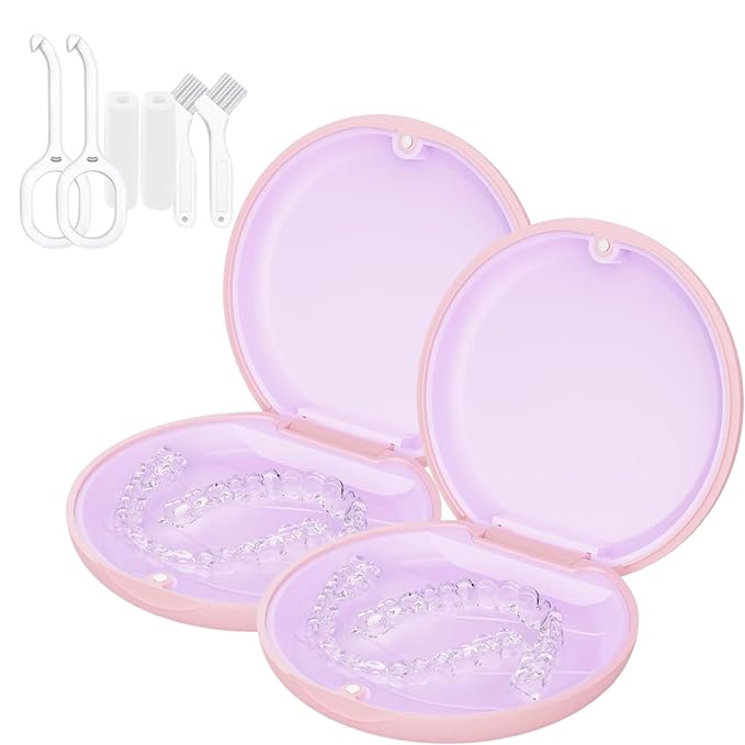2 Retainer Case, Slim Aligner Cases for Invisalign, Mouthguard Case with Removal Tools& Aligners Chewies& Brush, Removable Inner Tray Silicone for Easy Cleaning (Pink-2pcs)