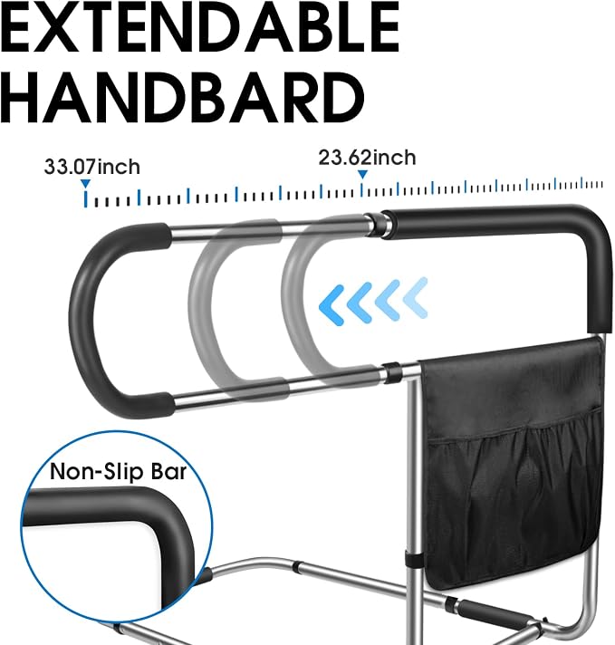 Bed Rails for Elderly Adults Safety, Stainless Steel Bed Assist Rail with Adjustable Side Railings for Seniors Bedside Fall Prevent Grab Bar with Storage Pocket, Fits King Queen Full Twin Bed