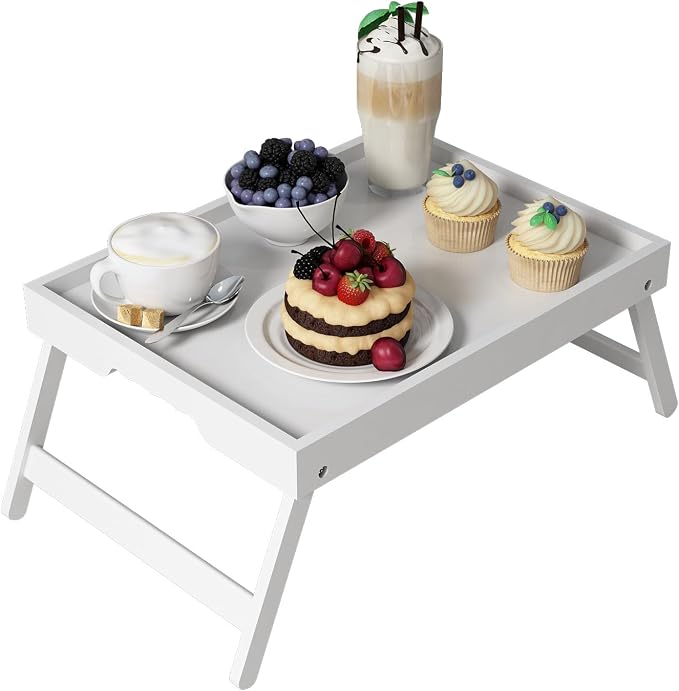 Youpehom Bamboo Bed Tray Table with Folding Legs, Medium, White | Bamboo bed tray with folding legs, handles and raised edges for meals, laptops, reading and serving in bed or on a sofa.