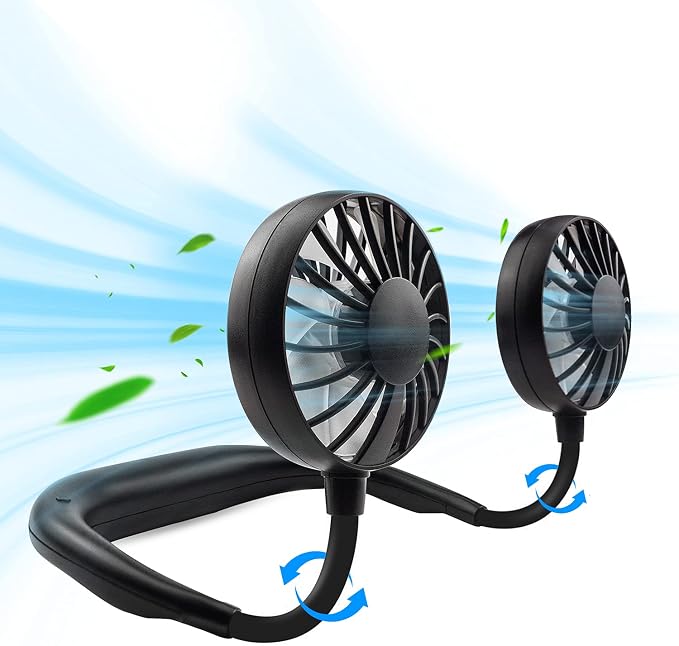 JUANANIUG Portable Neck Fan Rechargeable Personal HandFree Fan Mini USB Wearable Neckband Sport Fan 3 Speed Adjustable 360 Degrees Rotation Perfect for Working Traveling Office Reading (Full Black)