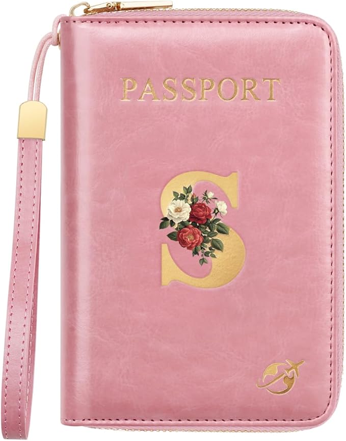 Passport Holder for Travel Personalized Wallet with Wristlet Women | All-in-One Passport Cover, RFID Blocking, Back Coin Pocket, Paper Money Slot, Zipper Closure, Roses Initial Letter, Pink S