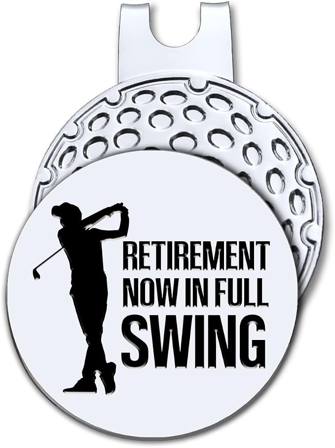 Hafhue Retirement Now in Full Swing Golf Ball Marker with Magnetic Hat Clip, Funny Golf Accessories and Golf Gift for Men Women Dad Grandma Grandpa, Birthday Retirement Gift for Golfer Golf Lover