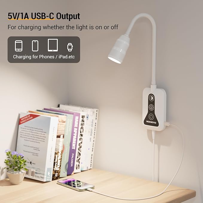 Wall Mounted Reading Light with Hand Sweep Sensor Switch, Book Light for Reading with USB Output, 5 Color & Brightness Dimmable Bedside Light, Wall Lamp with Flexible Neck - White 2 Pack
