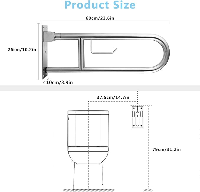 Toilet Grab Bar Stainless Steel Handicap Rails Grab Bars Bathroom Support for Elderly Disabled Safety Hand Railing Guard Frame Shower Assist Aid Handrails Hand Grips (23.6 Inches with Paper Holder)