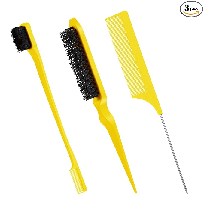 Geiserailie 3 Pcs Slick Back Hair Brush Set Bristle Brush Edge Control Teasing Comb for Women Black Hair(Yellow)