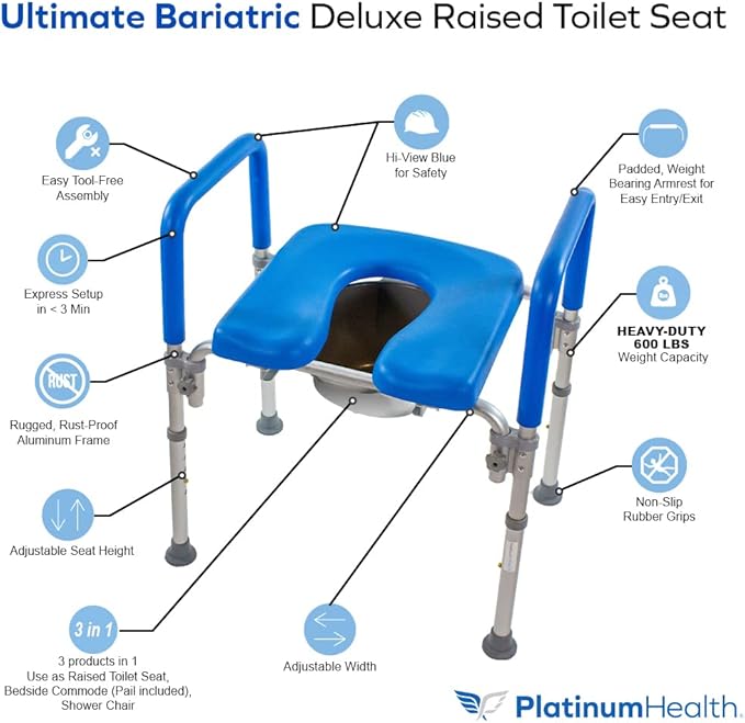 Platinum Health The Ultimate™ Bariatric Raised Toilet Seat, Bedside Commode, Voted#1 Most Comfortable. Padded with Armrests. Adjustable Height. 600lb. Elevated Toilet Seat with Arms.