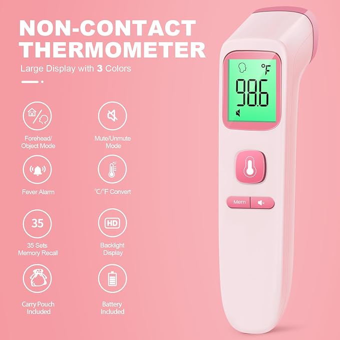 No-Touch Thermometer for Adults, Kids, Babies, 1-Sec Fast Accurate (Pink) | Fever Alarm, Large LCD with 3-Color Backlight, Silent Mode, 35-Reading Memory, Forehead & Object Mode, for Home & Clinic