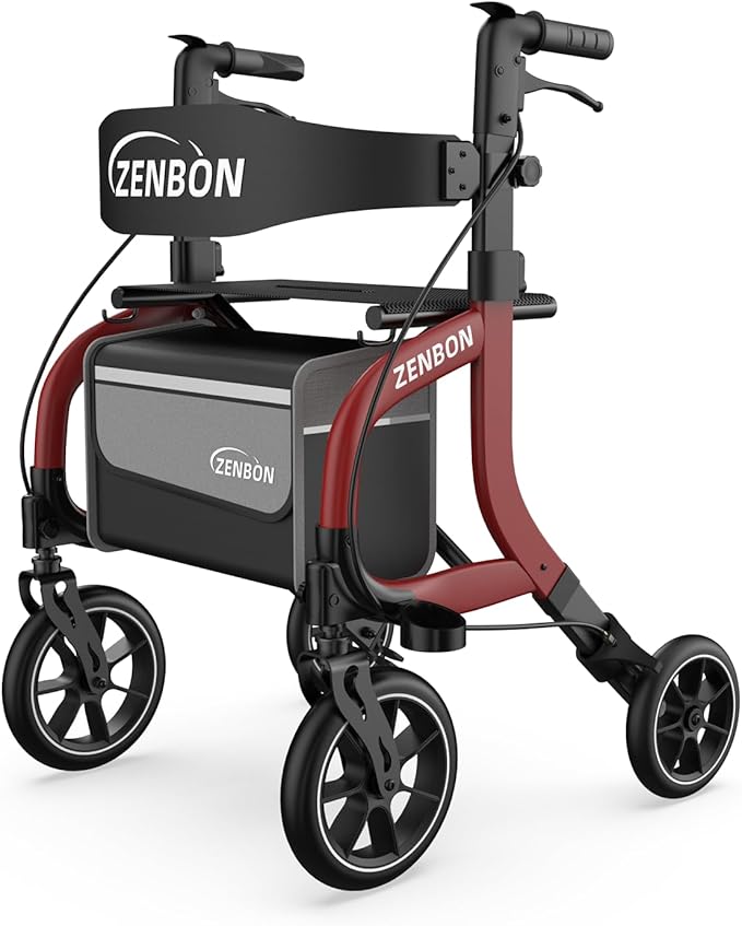 Rollator Walker for Seniors/Adults Foldable Rolling Walker with Seat 330 lbs Capacity 10 inch Wheels Hand Grips Adjustable Height Lightweight Durable Aluminum Walker Removable Back Support (Red)