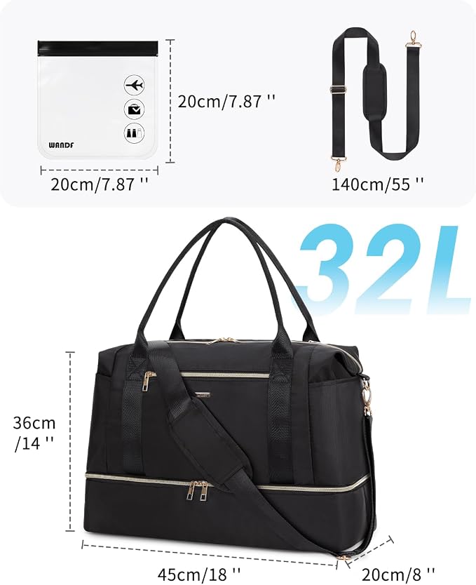 WANDF For Spirit Airlines Personal Item Bag 18x14x8 Underseat with Wet Pocket & Shoe Compartment & Tsa Approved Toiletry Bag