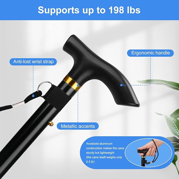 supregear Folding Cane, 5-Level Adjustable Height Walking Stick Lightweight Collapsible Portable Travel Cane with Wrist Strap and T Handle for Elderly Disabled Men Women