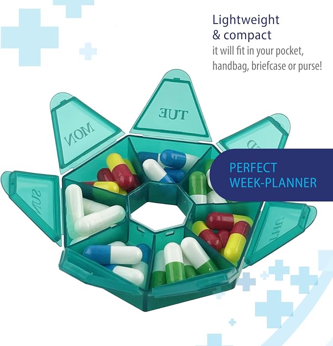Deke Home - Small Weekly Pill Organizer, Round Pill Dispenser for Travel, Mini Pill Organizer, Compact Medicine Holder, Pill Sorters 7 Days, Portable Vitamin Container, BPA Free (Food Grade)