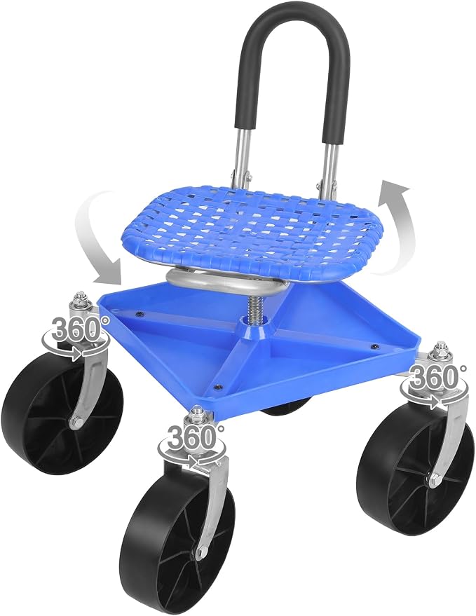 Rolling Garden Seat with Wheels, Adjustable Garden Scooter Stool with Backrest,Garden Cart with Tool Storage Tray & Backpack, Gardening Work Seat for Weeding, Planting, Yard Work (Without Backpack 1)