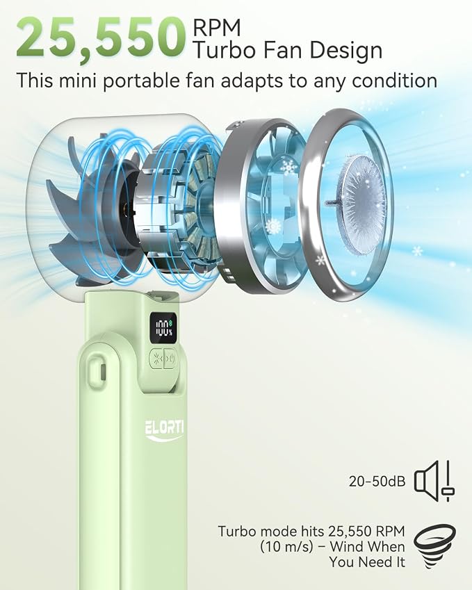 Portable Handheld Fan, USB Fan with Turbo & Ice Cooling, 5-Speed 4000mAh Rechargeable, 3-in-1 Mini Electric Fan, Lightweight & Compact for Outdoor, Camping, for Men & Women -Green