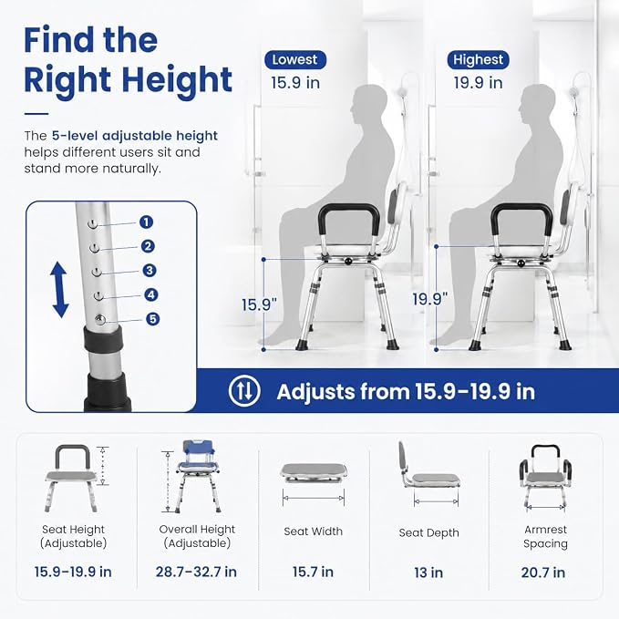 Deluxe Swivel Shower Chair with Arms & Back by CZMY, 360° Locking Seat, 5-Level Height Adjustable, Padded Heavy-Duty Bath Chair, 300 lbs, for Seniors, Elderly, & Disabled (Blue with Flip-Up Arms)