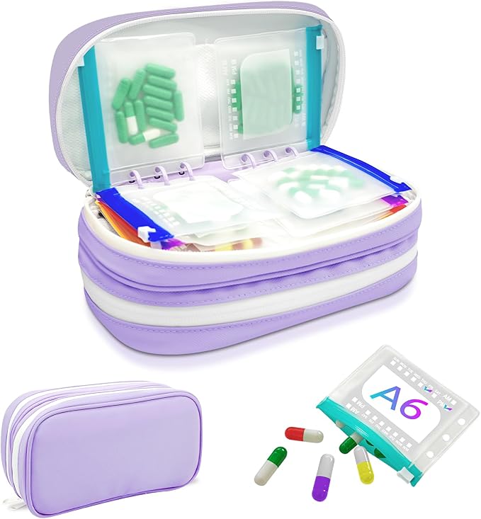Timueetech XXL A6 Pill Organizer, 28 BPA-Free Medication Pouches for A6 Binders, Large Monthly Waterproof Storage System with Double-Compartment Travel Case, Purple