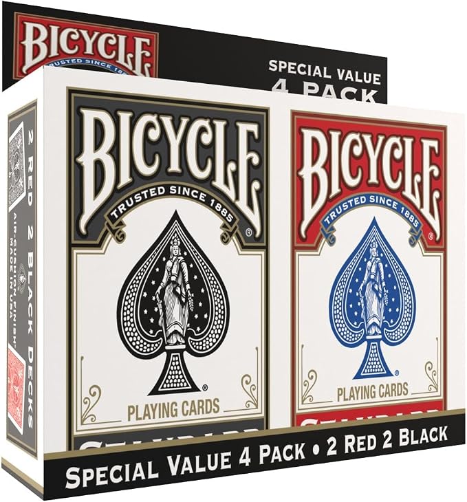 Bicycle Playing Cards 4 Pack Standard Index Poker Size Red and Black | Air Cushion Finish, Made in USA, 2 red and 2 black decks, 52 cards plus 2 Jokers per deck, For all card games