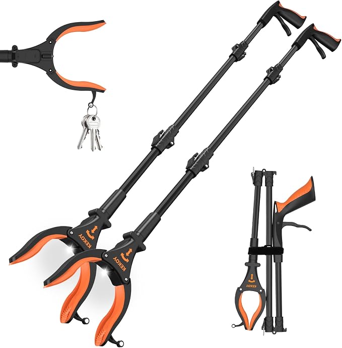 KEKOY 2-Pack Grabber Reacher Tool with Light, 32" Foldable, Orange | Magnetic Tip | 90° Rotating Head | Rubber Jaw | Trash Picker for Elderly | Aluminum Alloy | Indoor & Outdoor Use