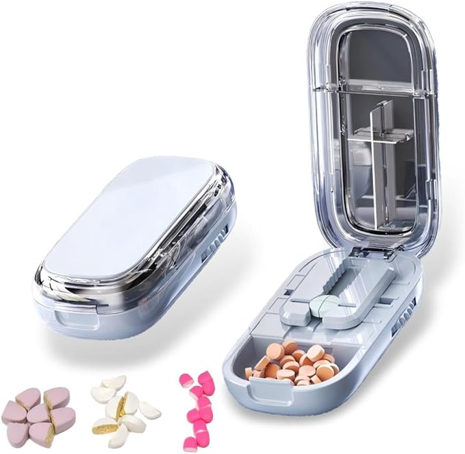 Pill Cutter,Precisely Split Small or Large Pills and Vitamins of Various Shapes with a Safe, Self-Retracting Blade (Mint Blue 1/2，1/4)