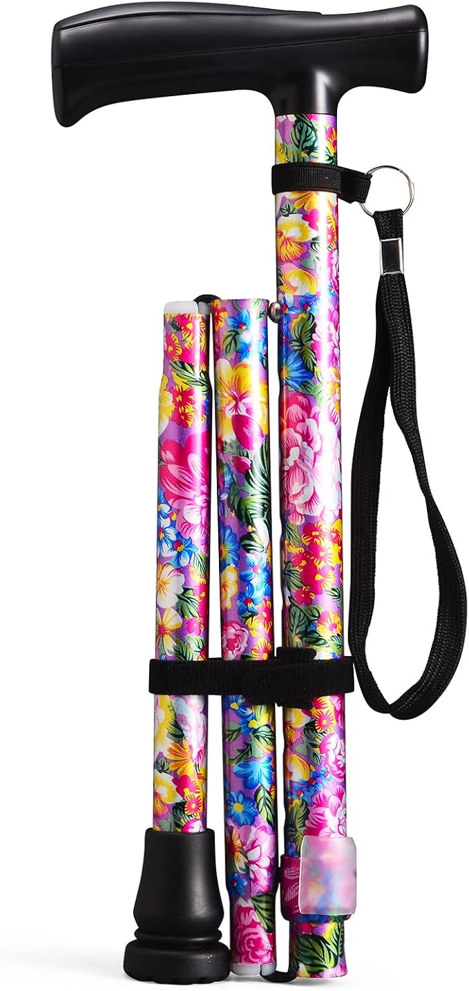 Floral Canes for Women Folding Cane for Stability with Non-Slip Base, Adjustable Walking Cane for Seniors - Lightweight Collapsible Walking Sticks with T & Offset Handle