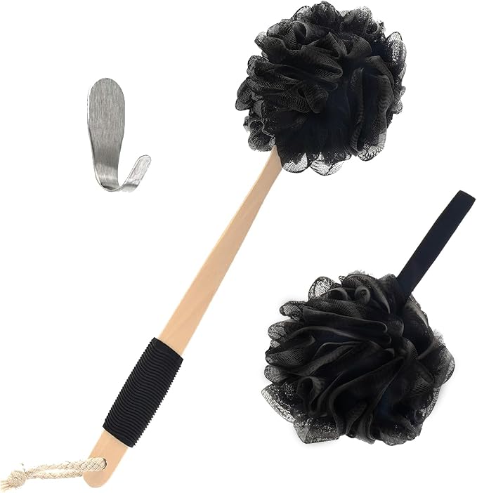 Bamboo Charcoal Infused Back Scrubber - Loofah with Handle | Exfoliating Shower Loofah for Men & Women - Features 1 Loofah on a Stick, 1 Loofa Pouf; Includes Hook (Black)